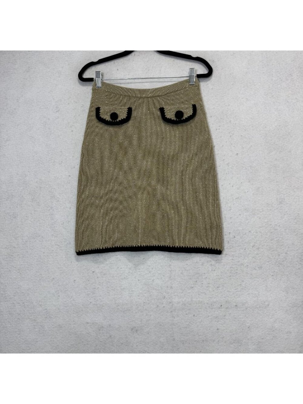 Betsey Johnson Skirt Womens Small Beige Wool Knit Glitter Crochet Pockets Mini